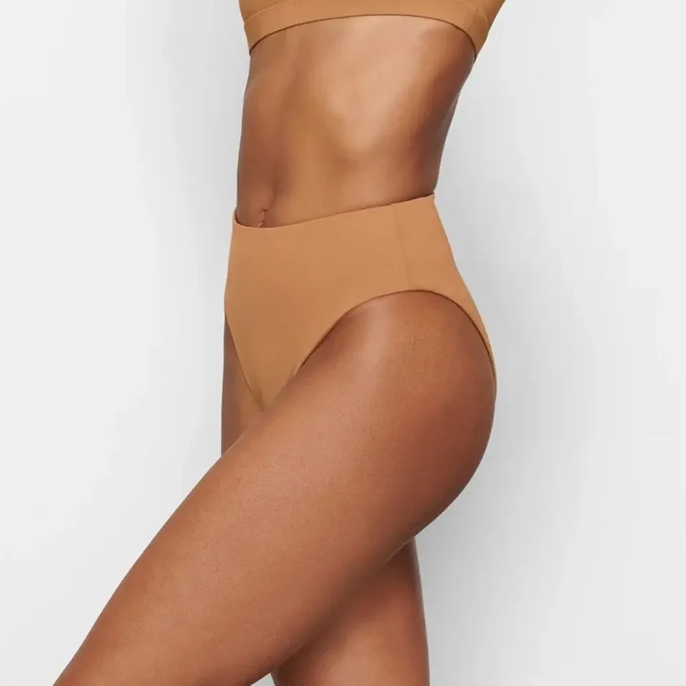 SKIMS Signature Swim Mid Waist High Cut Almond Brown Bikini Bottoms Swimsuit